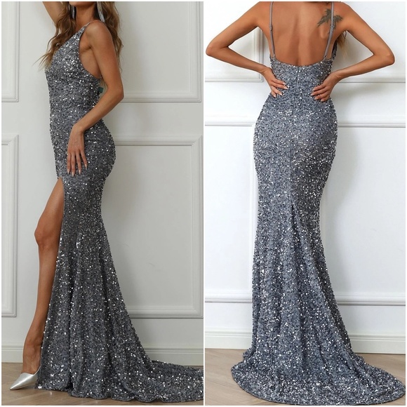 Luxe Sequin Backless Evening Prom Wedding Formal Prom Dress - Picture 4 of 6